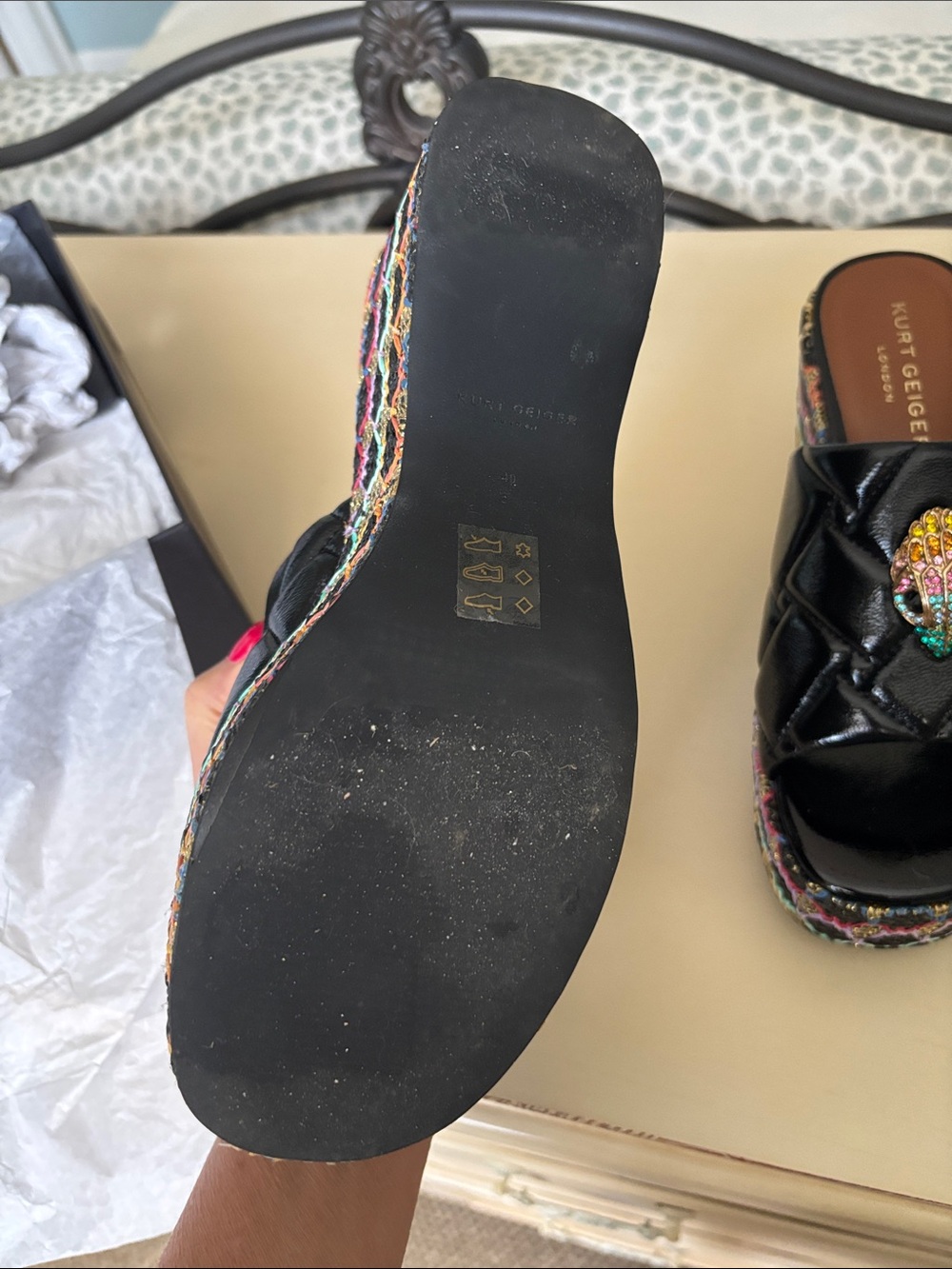Kurt Geiger Black Quilted Platform Slide Mules with Multicolor Woven Sole - Picture 3 of 8